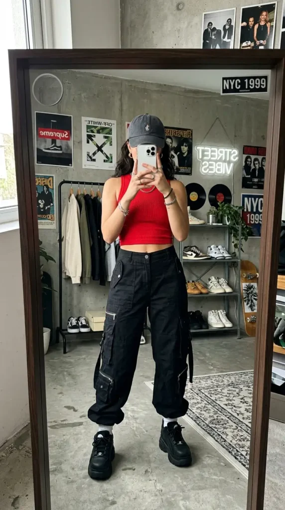 Streetwear red & black summer outfits: red ribbed crop tank, black cargo pants, chunky sneakers and grey cap
