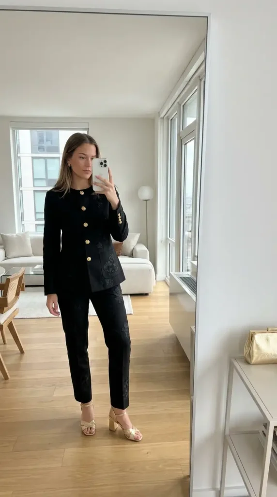 Casual black and gold party outfit ideas showcasing a black co-ord set with gold button embellishments and gold heels.
