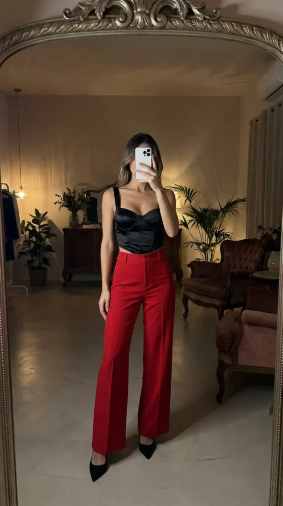 Black satin corset top with wide-leg red pants, a bold red and black outfit idea for party glam.
