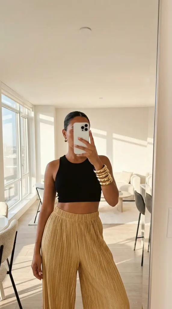A chic black and gold summer outfit idea featuring a black crop top with flowy gold palazzo pants.
