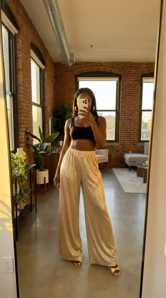 Trendy black crop top paired with shiny gold wide-leg pants, elegant black and gold outfit ideas for black women.