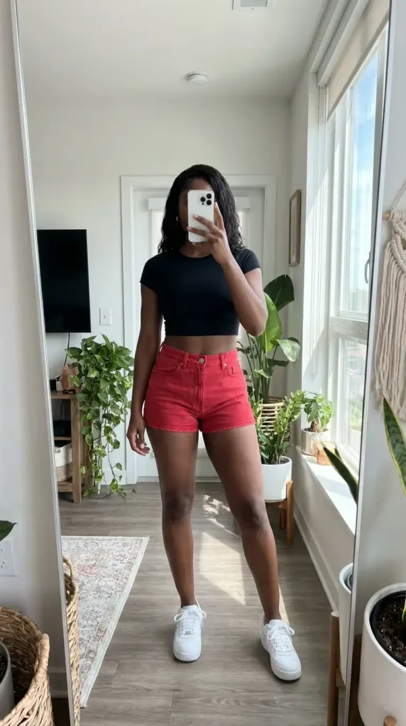 Black crop top with red high-waisted shorts and white sneakers – summer red and black outfit black women
