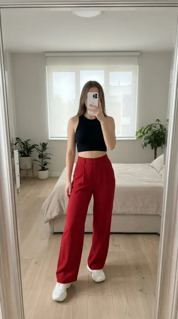 Black crop top paired with red wide-leg pants and white sneakers – red black and white outfit ideas for summer

