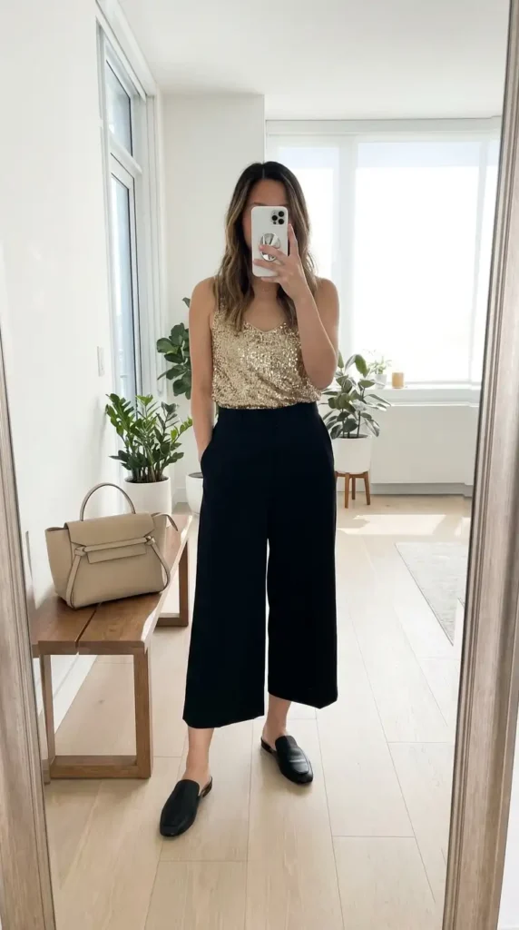 A stylish black and gold summer outfit idea with a gold sequin tank top and black culotte trousers.
