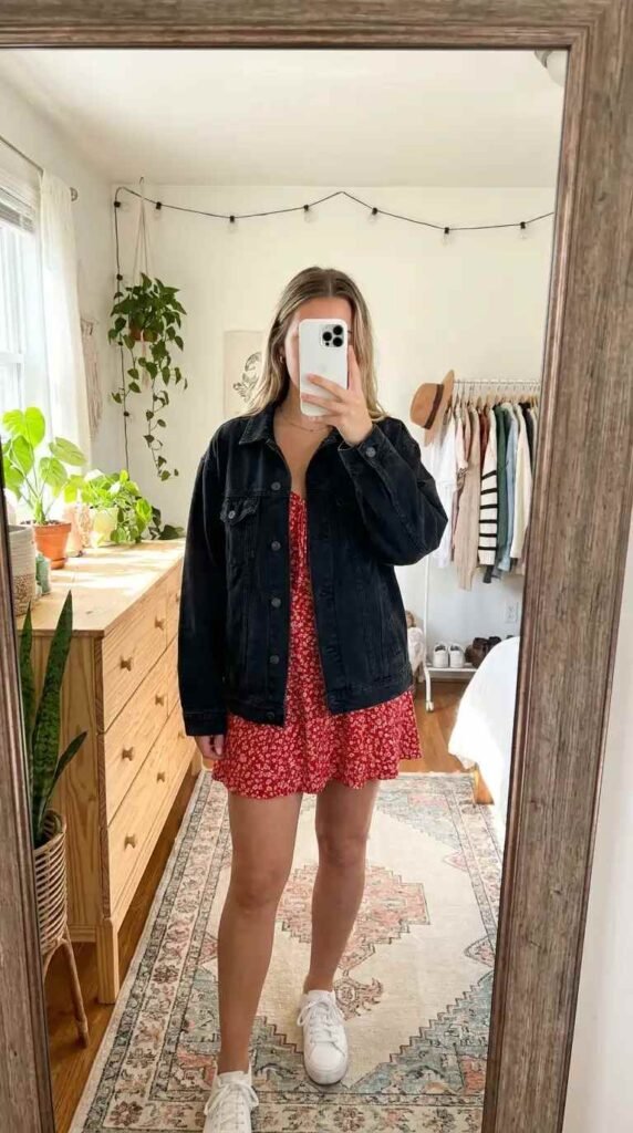 Casual red & black summer outfits featuring red floral sundress layered under an oversized black denim jacket
