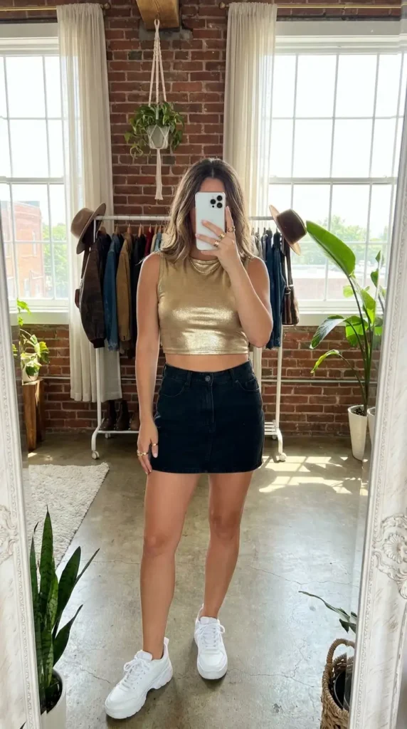 A cool black and gold summer outfit idea pairing a gold metallic crop top with a black denim mini skirt.
