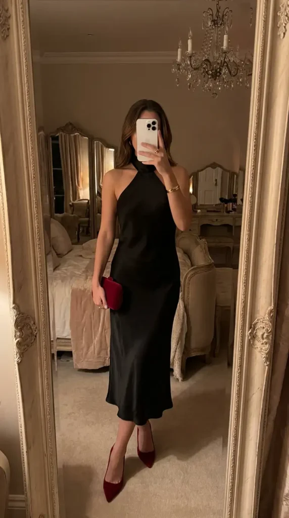 Elegant red & black summer outfits: sleek black halter midi dress styled with red velvet heels and red clutch

