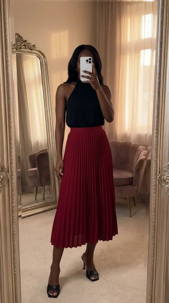 Black halter top and red pleated midi skirt with black heels – summer red and black outfit black women
