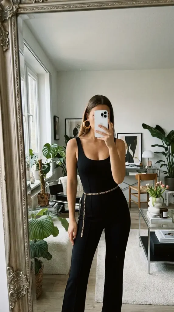 Casual black and gold party outfit ideas with a fitted black jumpsuit styled with gold hoop earrings and a gold chain belt.
