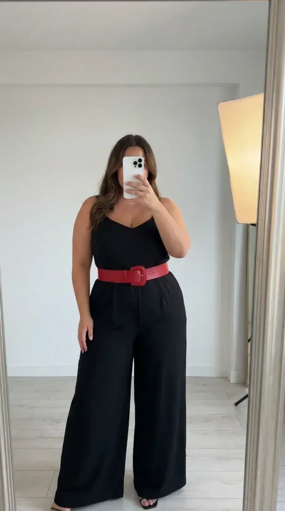 Plus size red and black outfit ideas: sleek black wide-leg jumpsuit cinched with a bold red leather belt.
