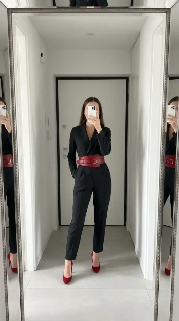Black tailored jumpsuit styled with a red corset belt and heels, a sharp red and black outfit idea for party.
