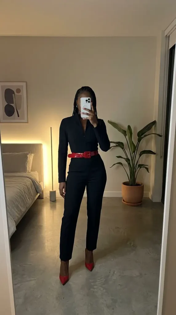 Black jumpsuit with red belt and red heels mirror selfie – summer red and black outfit ideas black women
