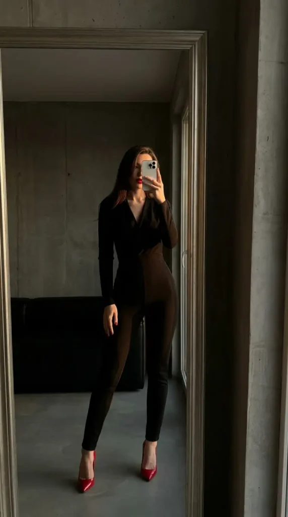 Chic red & black summer outfits with fitted black long-sleeve jumpsuit and bold red patent stiletto heels
