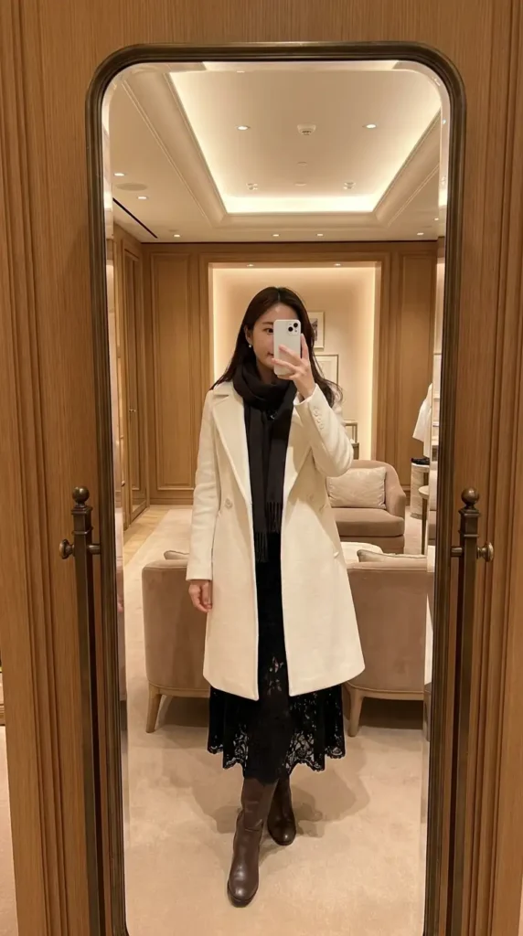 Black lace dress with white wool coat and scarf — a chic black and white formal outfit idea for winter.
