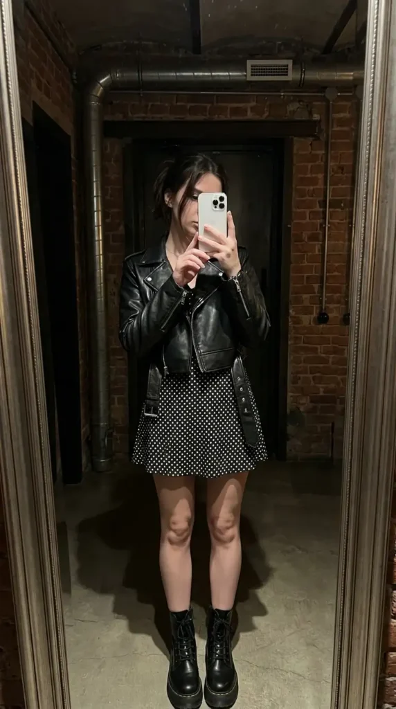 Black and white polka dot skirt outfits styled with a black leather jacket and chunky combat boots
