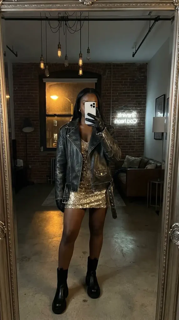 Edgy black leather jacket over gold sequin mini dress, bold black and gold outfit ideas for black women