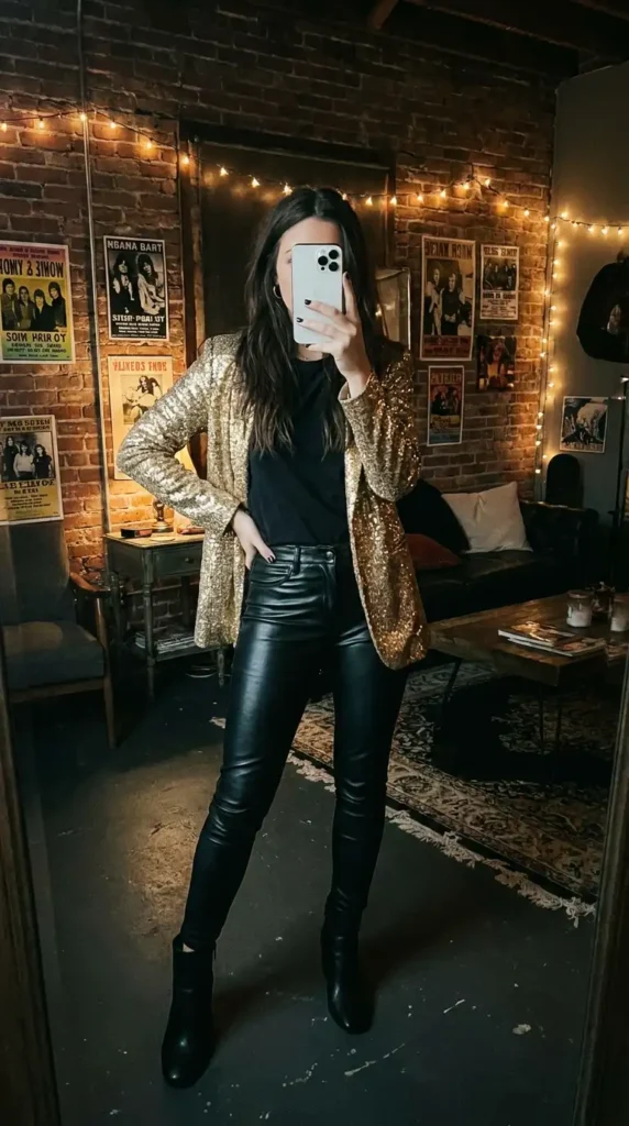 Casual black and gold party outfit ideas featuring black leather pants with a statement gold sequin blazer and black boots.
