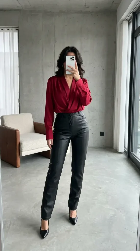 Red satin wrap blouse tucked into black leather pants with heels, a sleek red and black outfit idea for party.
