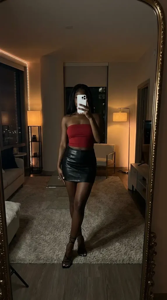 Red tube top with black leather mini skirt and heels – summer red and black outfit ideas for black women

