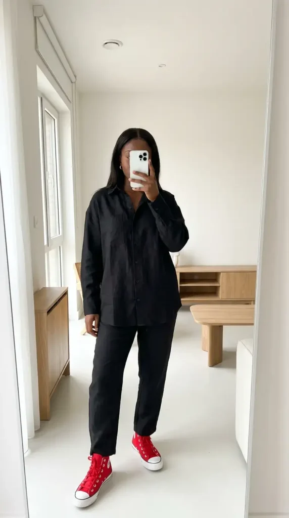 All-black linen shirt set with red high-top sneakers – summer red and black outfit ideas for black women
