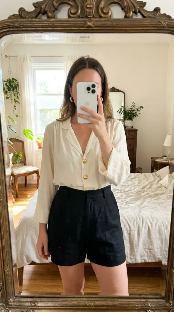 A chic black and gold summer outfit idea pairing black linen shorts with a cream gold-button blouse.

