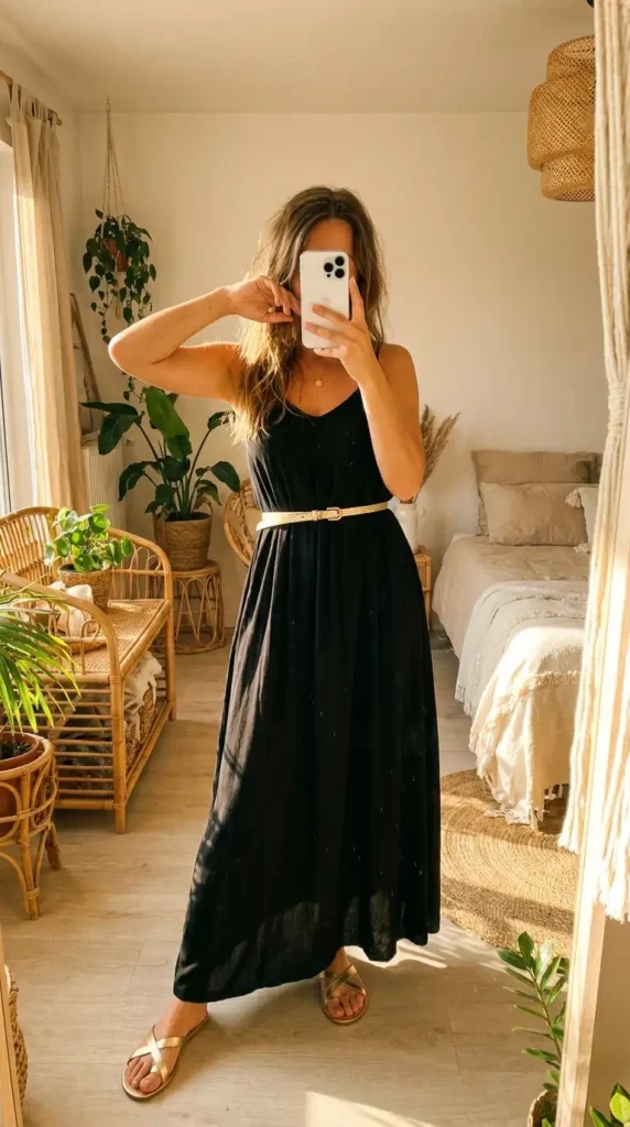 A breezy black and gold summer outfit idea with a flowy black maxi dress cinched by a slim gold belt.
