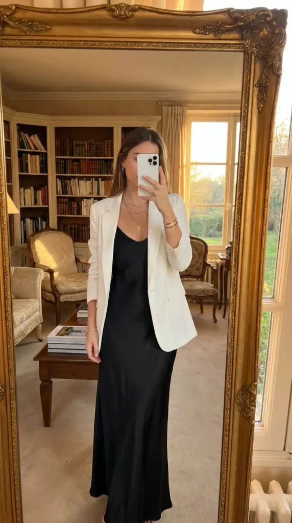 Black maxi slip dress with a white blazer and gold jewelry — an elegant black and white formal outfit idea.
