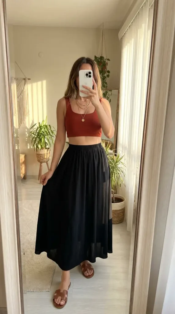 Boho red & black summer outfits: rust red square-neck crop top with flowy black maxi skirt and tan sandals
