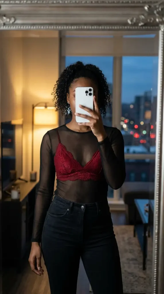 Black mesh long-sleeve top with red lace bralette – summer red and black outfit ideas for black women
