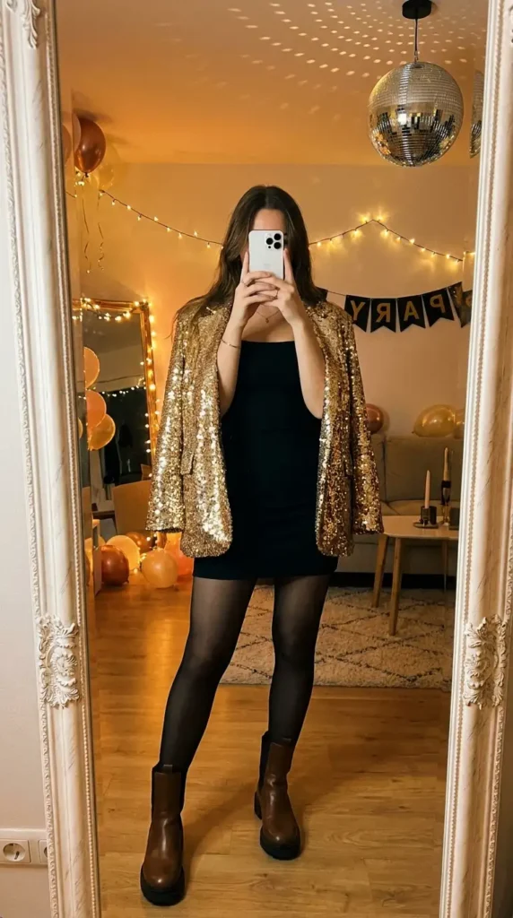 Casual black and gold party outfit ideas with a black mini dress layered under a dazzling oversized gold sequin jacket.
