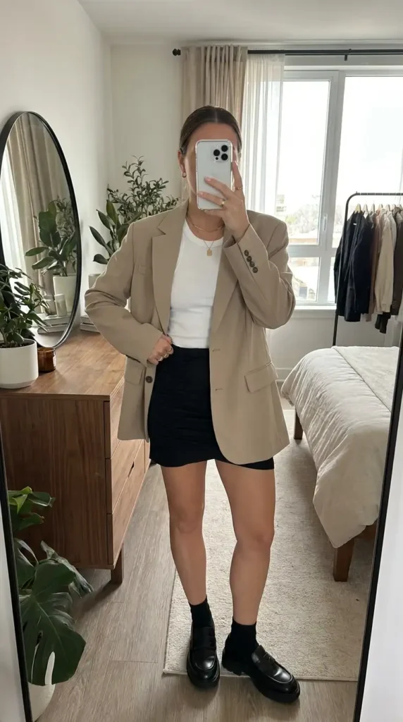 Black mini rush skirt outfit idea styled with an oversized tan blazer and chunky loafers