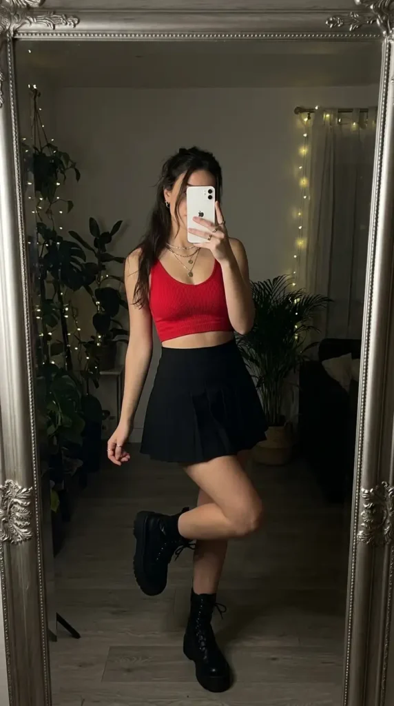 Red ribbed crop top with black pleated mini skirt and combat boots, a fun red and black outfit idea for party.
