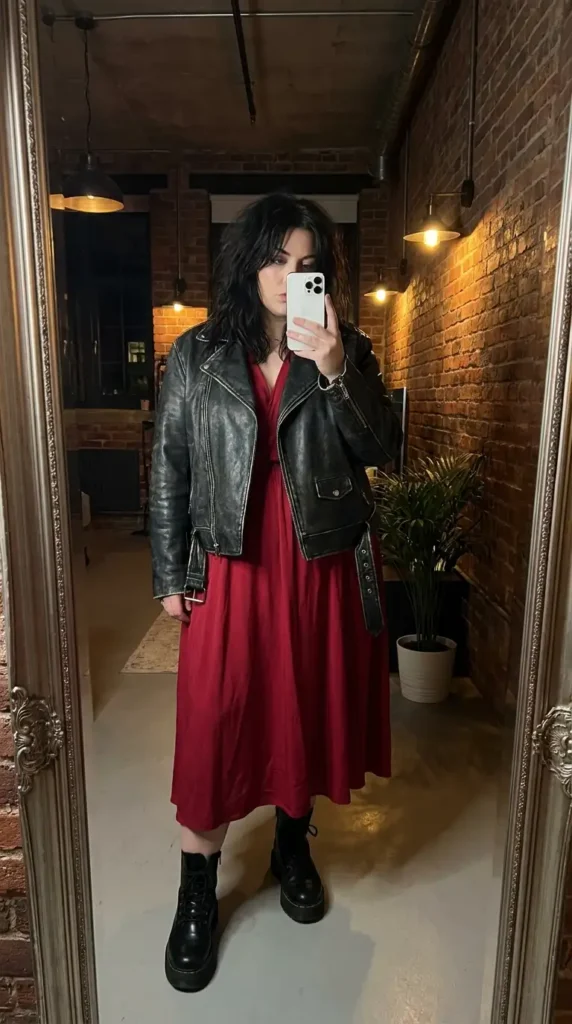 Red and black outfit ideas for plus size: distressed black moto jacket over a red midi dress with black combat boots.

