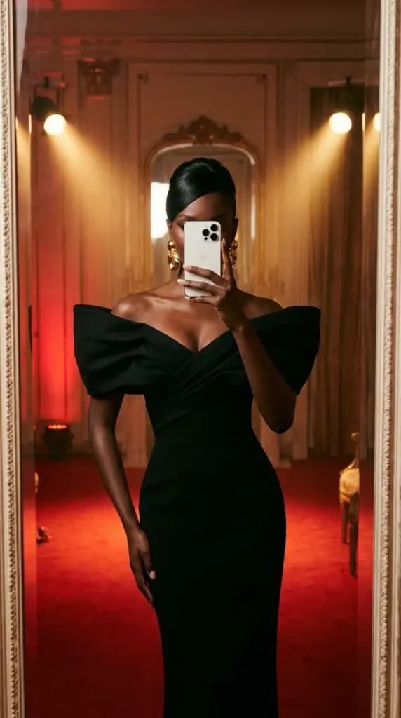 Sophisticated black off-shoulder gown with striking gold jewelry, luxurious black and gold outfit ideas for black women