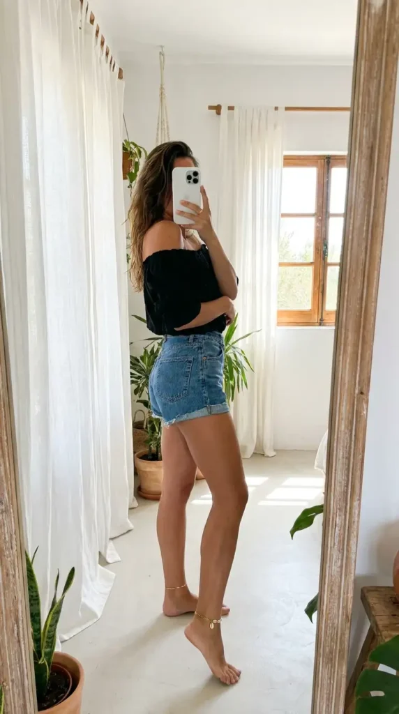 A relaxed black and gold summer outfit idea featuring an off-shoulder black top with a gold anklet.
