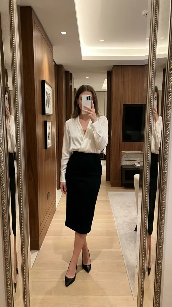 White silk wrap blouse tucked into a black pencil skirt — a polished black and white formal outfit idea.
