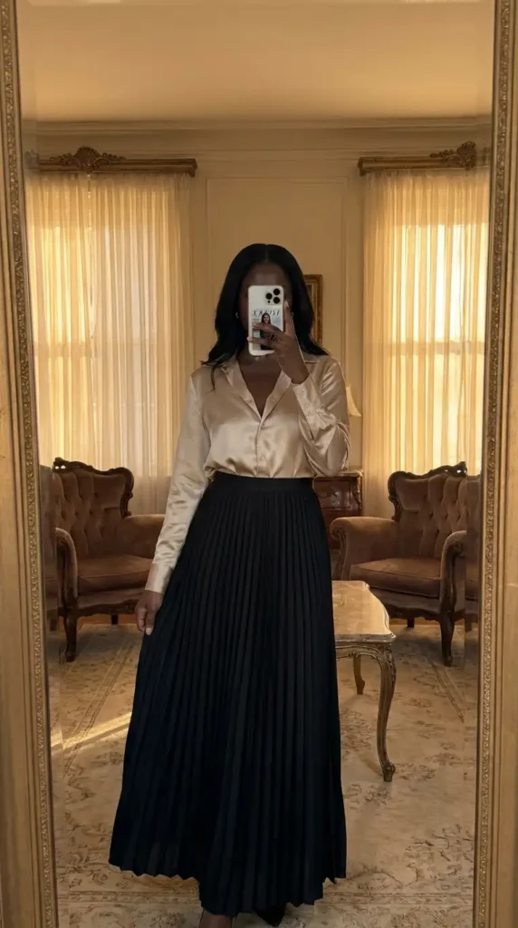 Chic black pleated skirt matched with gold satin blouse, refined black and gold outfit ideas for black women.