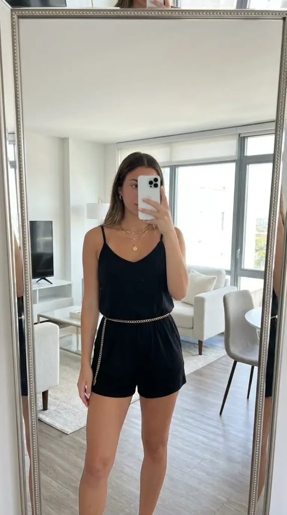Casual black and gold party outfit ideas with a black spaghetti-strap romper styled with a gold chain belt and layered necklaces.
