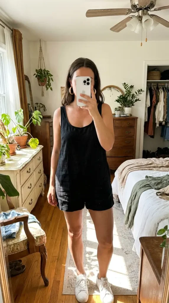 An easy black and gold summer outfit idea with a casual black romper and gold hoop earrings.
