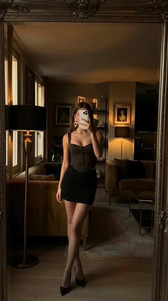 Black mini rush skirt outfit idea paired with a corset top and stiletto heels for a night out