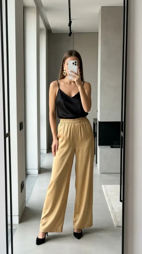 Casual black and gold party outfit ideas pairing a black satin cami top with flowy gold wide-leg pants and gold earrings.
