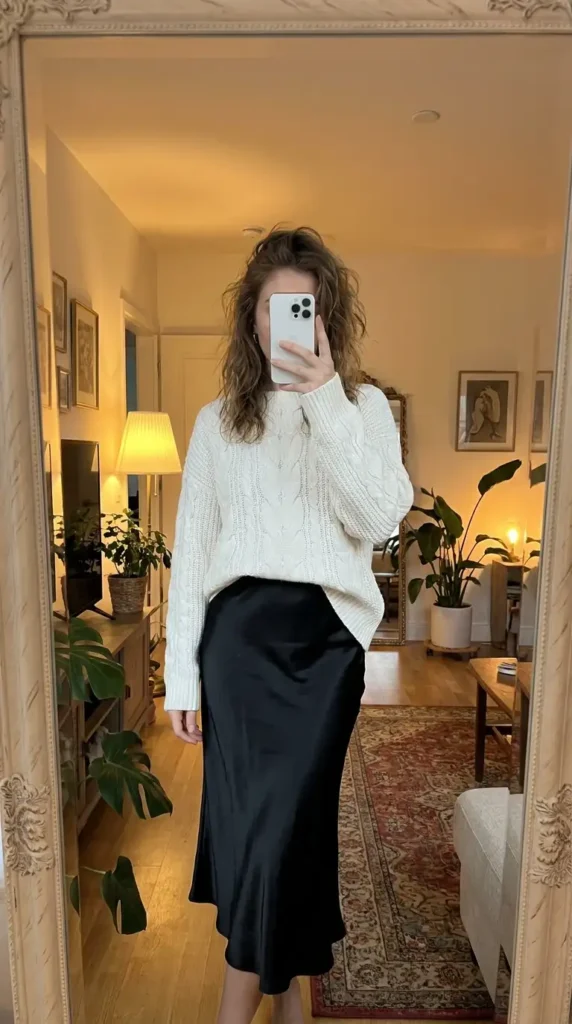 Oversized white cable-knit sweater paired with a black satin skirt — a cozy black and white formal outfit idea.
