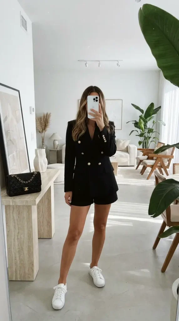 A polished black and gold summer outfit idea with a blazer shorts set and gold hardware accessories.
