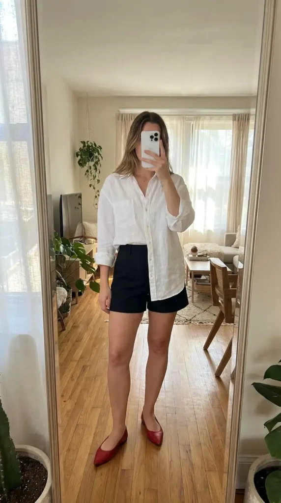 White linen button-up shirt with black shorts and red flats – a casual red black and white outfit idea for summer
