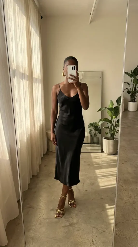 Smooth black slip dress with gold heels and hoops, timeless black and gold outfit ideas for black women.