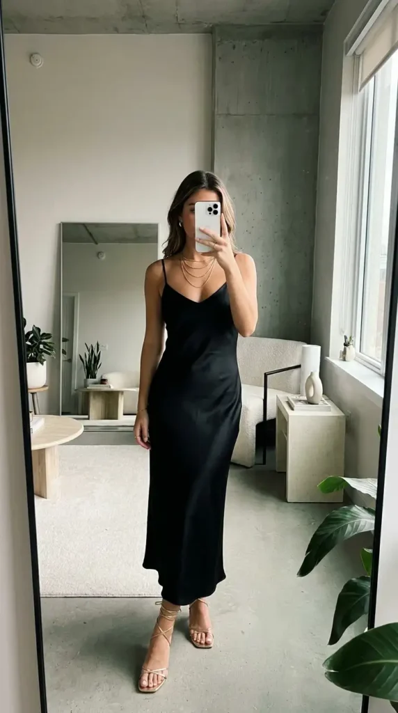 Casual black and gold party outfit ideas with a minimalist black satin slip dress styled with gold layered necklaces.
