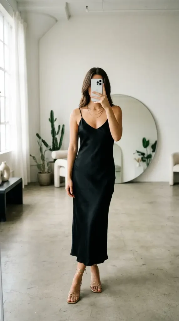 A minimalist black and gold summer outfit idea featuring a satin slip dress with layered gold necklaces.
