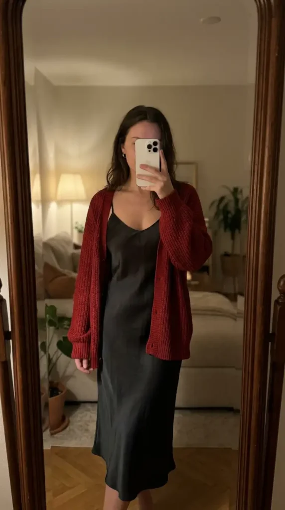 Cozy red & black summer outfits pairing a black satin slip midi dress with an oversized dark red knit cardigan
