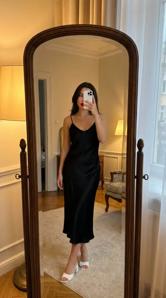 Black satin slip midi dress with white block heels and a bold red lip – red black and white outfit for summer
