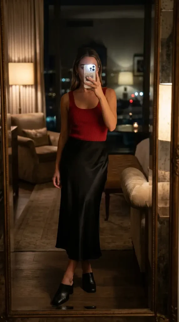 Nightout red & black summer outfits: red ribbed knit tank tucked into a black satin midi slip skirt with mules

